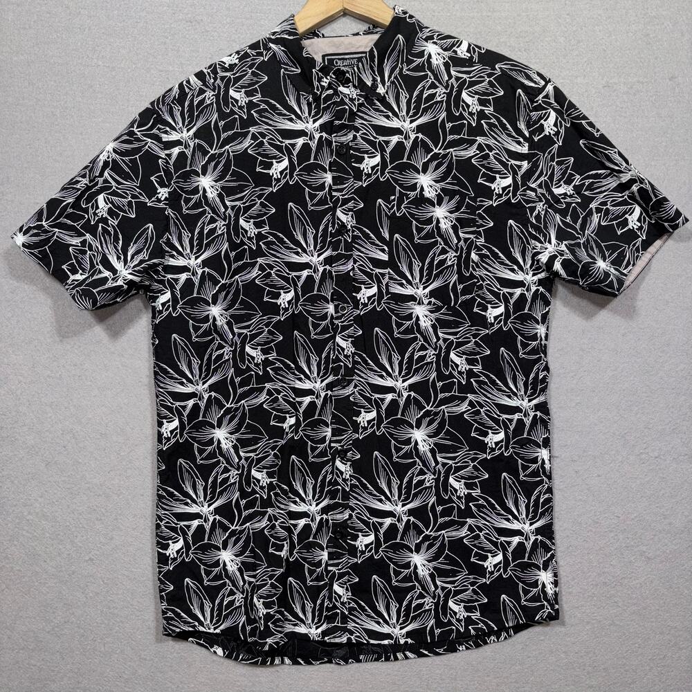 Creative Destruction Mens Busy Floral Print Shirt Medium Black White Skater Y2K